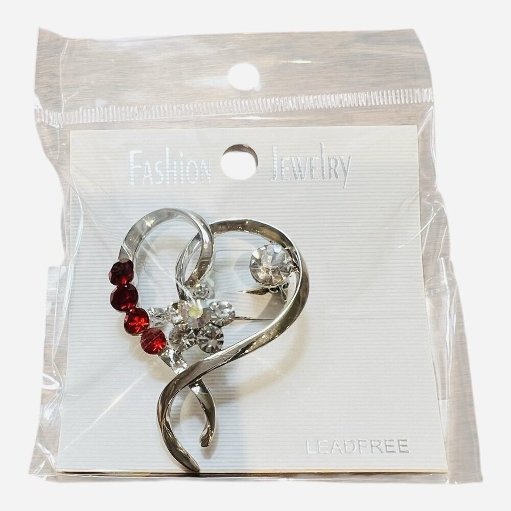 Fashion Jewelry Silver Heart Brooch Red & Clear Stones Lead Free Valentines